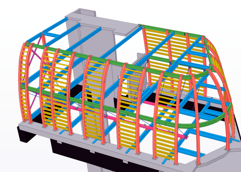 3D depiction of the new steel frame with all its curved panels